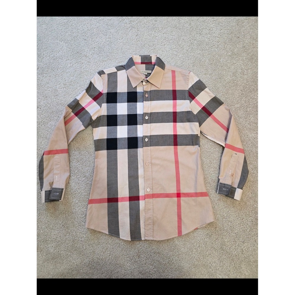Burberry BRIT women's Large (USA S-M) Beige Black Pink Plaid Button-Down Shirt - Picture 5 of 11